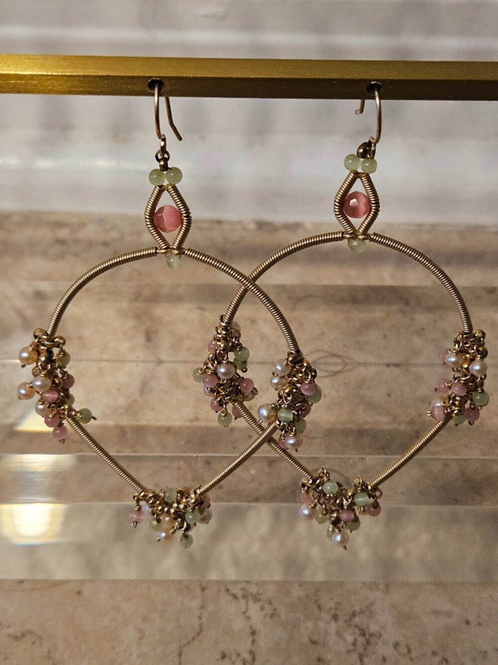 RARE DESIGNER MIGUEL ASES CATS EYE PEARL JADE BEADED TEADROP CHANDELIER EARRINGS